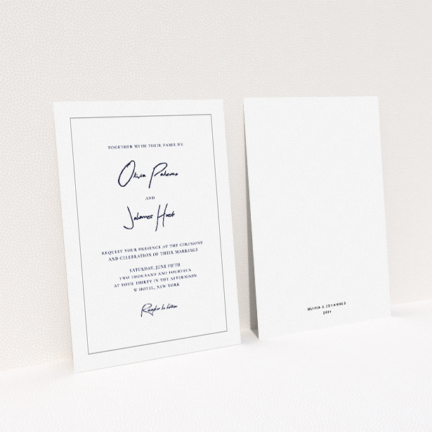 A personalised wedding invitation template titled "Signature script". It is an A5 invite in a portrait orientation. "Signature script" is available as a flat invite, with tones of white and grey.