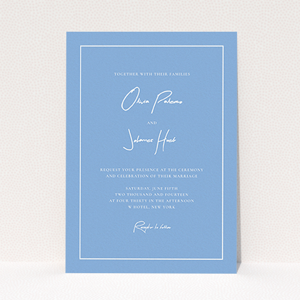 A personalised wedding invitation design called "Signature script". It is an A6 invite in a portrait orientation. "Signature script" is available as a flat invite, with tones of blue and white.