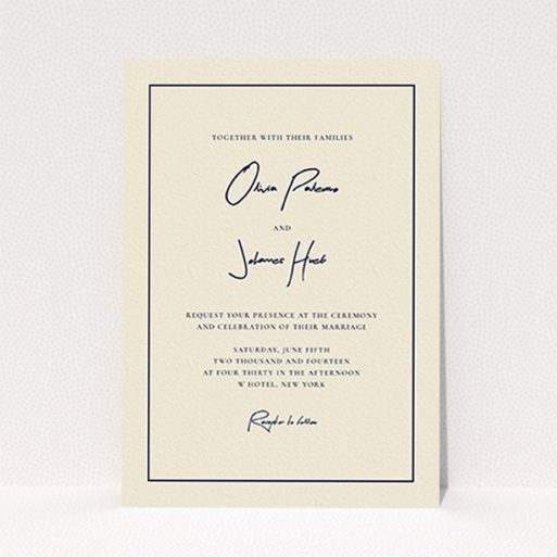 A personalised wedding invitation design named "Signature script". It is an A6 invite in a portrait orientation. "Signature script" is available as a flat invite, with tones of cream and navy blue.