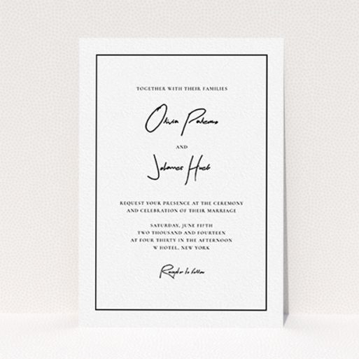 A personalised wedding invitation design named "Signature script". It is an A6 invite in a portrait orientation. "Signature script" is available as a flat invite, with mainly white colouring.