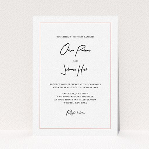 A personalised wedding invitation design called "Signature script". It is an A6 invite in a portrait orientation. "Signature script" is available as a flat invite, with tones of white and pink.