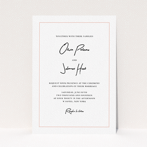 A personalised wedding invitation design called "Signature script". It is an A6 invite in a portrait orientation. "Signature script" is available as a flat invite, with tones of white and pink.