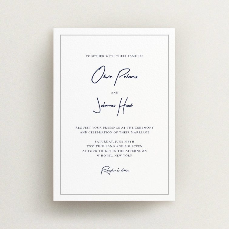 A personalised wedding invitation called "Signature script". It is an A6 invite in a portrait orientation. "Signature script" is available as a flat invite, with tones of white and grey.