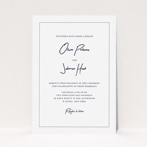 A personalised wedding invitation called "Signature script". It is an A6 invite in a portrait orientation. "Signature script" is available as a flat invite, with tones of white and grey.