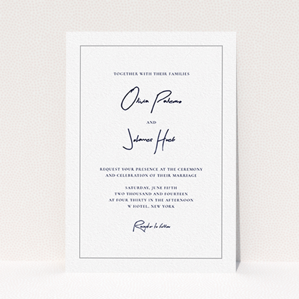 A personalised wedding invitation called "Signature script". It is an A6 invite in a portrait orientation. "Signature script" is available as a flat invite, with tones of white and grey.