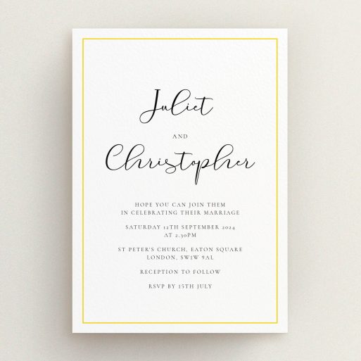 A personalised wedding invitation called "Simple As". It is an A5 invite in a portrait orientation. "Simple As" is available as a flat invite, with tones of white and yellow.