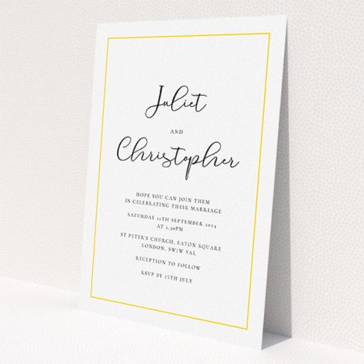 A personalised wedding invitation called 'Simple As'. It is an A5 invite in a portrait orientation. 'Simple As' is available as a flat invite, with tones of white and yellow.