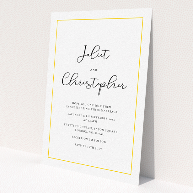 A personalised wedding invitation called 'Simple As'. It is an A5 invite in a portrait orientation. 'Simple As' is available as a flat invite, with tones of white and yellow.