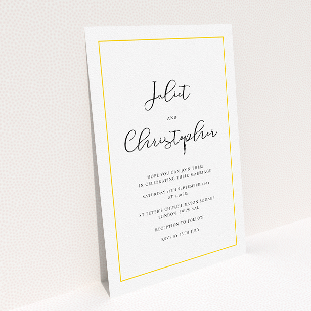 A personalised wedding invitation called "Simple As". It is an A5 invite in a portrait orientation. "Simple As" is available as a flat invite, with tones of white and yellow.