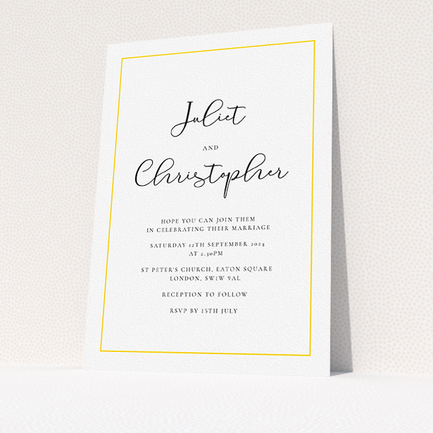A personalised wedding invitation called "Simple As". It is an A5 invite in a portrait orientation. "Simple As" is available as a flat invite, with tones of white and yellow.