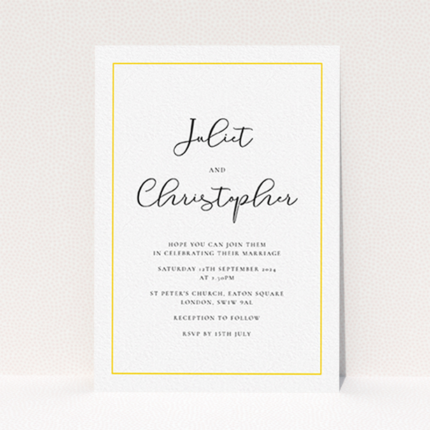 A personalised wedding invitation named "Simple As". It is an A6 invite in a portrait orientation. "Simple As" is available as a flat invite, with tones of white and yellow.