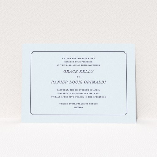 A personalised wedding invitation template titled "Simple circle border". It is an A5 invite in a landscape orientation. "Simple circle border" is available as a flat invite, with mainly light blue colouring.