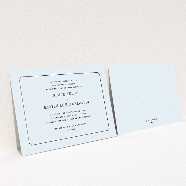 A personalised wedding invitation template titled "Simple circle border". It is an A5 invite in a landscape orientation. "Simple circle border" is available as a flat invite, with mainly light blue colouring.
