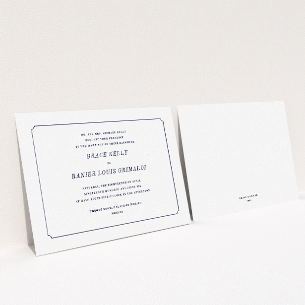 A personalised wedding invitation design called "Simple circle border". It is an A5 invite in a landscape orientation. "Simple circle border" is available as a flat invite, with mainly white colouring.