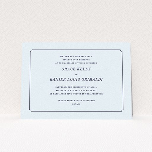 A personalised wedding invitation design named "Simple circle border". It is an A6 invite in a landscape orientation. "Simple circle border" is available as a flat invite, with mainly light blue colouring.