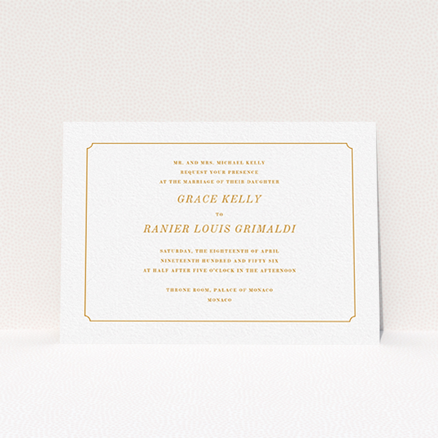 A personalised wedding invitation called "Simple circle border". It is an A6 invite in a landscape orientation. "Simple circle border" is available as a flat invite, with tones of white and orange.