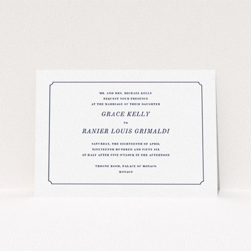 A personalised wedding invitation design titled "Simple circle border". It is an A6 invite in a landscape orientation. "Simple circle border" is available as a flat invite, with mainly white colouring.