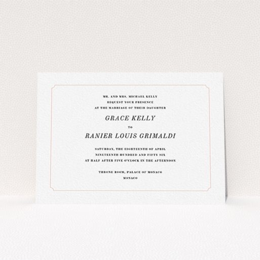A personalised wedding invitation template titled "Simple circle border". It is an A6 invite in a landscape orientation. "Simple circle border" is available as a flat invite, with tones of white and pink.