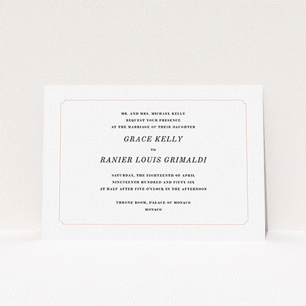 A personalised wedding invitation template titled "Simple circle border". It is an A6 invite in a landscape orientation. "Simple circle border" is available as a flat invite, with tones of white and pink.