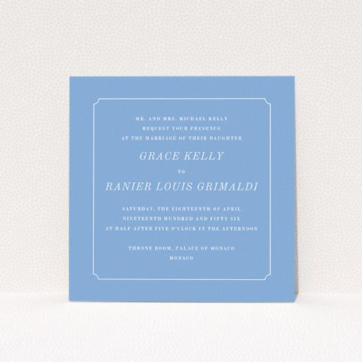 A personalised wedding invitation design called "Simple circle border". It is a square (148mm x 148mm) invite in a square orientation. "Simple circle border" is available as a flat invite, with tones of blue and white.