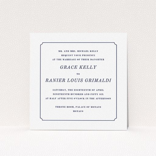 A personalised wedding invitation design named "Simple circle border". It is a square (148mm x 148mm) invite in a square orientation. "Simple circle border" is available as a flat invite, with mainly white colouring.