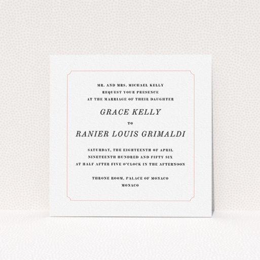 A personalised wedding invitation named "Simple circle border". It is a square (148mm x 148mm) invite in a square orientation. "Simple circle border" is available as a flat invite, with tones of white and pink.