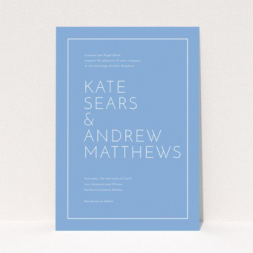 A personalised wedding invitation called "Simple lines". It is an A5 invite in a portrait orientation. "Simple lines" is available as a flat invite, with tones of blue and white.