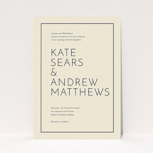 A personalised wedding invitation named "Simple lines". It is an A5 invite in a portrait orientation. "Simple lines" is available as a flat invite, with tones of cream and navy blue.
