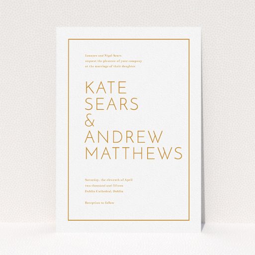 A personalised wedding invitation design titled "Simple lines". It is an A5 invite in a portrait orientation. "Simple lines" is available as a flat invite, with tones of white and orange.