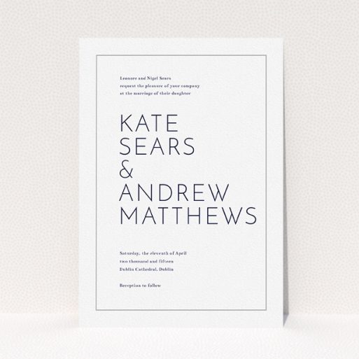 A personalised wedding invitation design called "Simple lines". It is an A5 invite in a portrait orientation. "Simple lines" is available as a flat invite, with tones of white and grey.