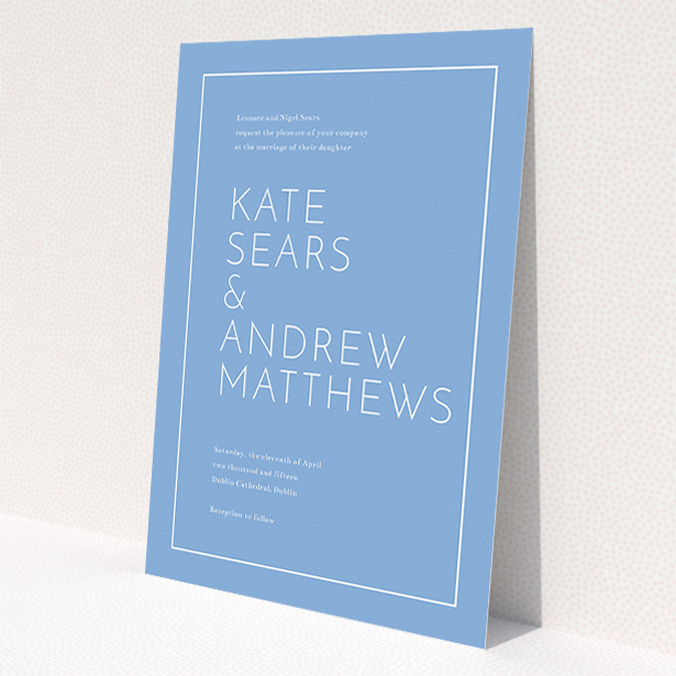 A personalised wedding invitation called 'Simple lines'. It is an A5 invite in a portrait orientation. 'Simple lines' is available as a flat invite, with tones of blue and white.