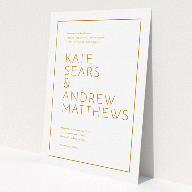 A personalised wedding invitation design titled "Simple lines". It is an A5 invite in a portrait orientation. "Simple lines" is available as a flat invite, with tones of white and orange.