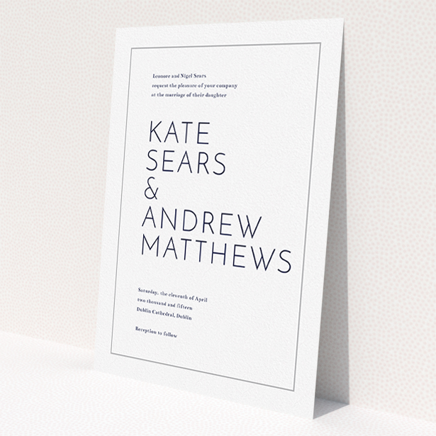 A personalised wedding invitation design called 'Simple lines'. It is an A5 invite in a portrait orientation. 'Simple lines' is available as a flat invite, with tones of white and grey.
