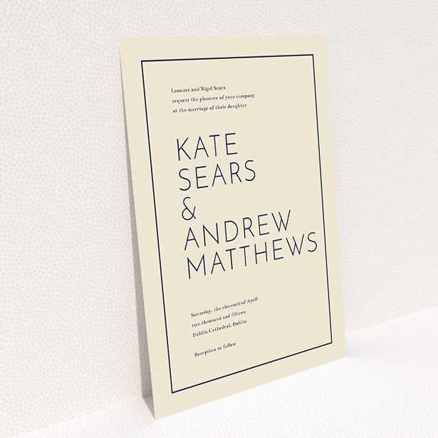 A personalised wedding invitation named "Simple lines". It is an A5 invite in a portrait orientation. "Simple lines" is available as a flat invite, with tones of cream and navy blue.