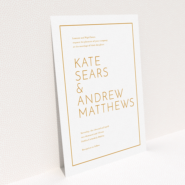 A personalised wedding invitation design titled "Simple lines". It is an A5 invite in a portrait orientation. "Simple lines" is available as a flat invite, with tones of white and orange.