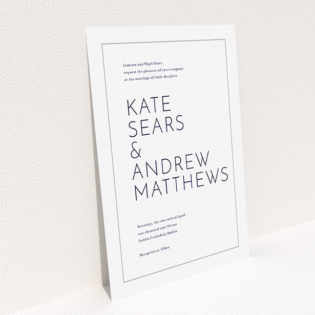 A personalised wedding invitation design called "Simple lines". It is an A5 invite in a portrait orientation. "Simple lines" is available as a flat invite, with tones of white and grey.