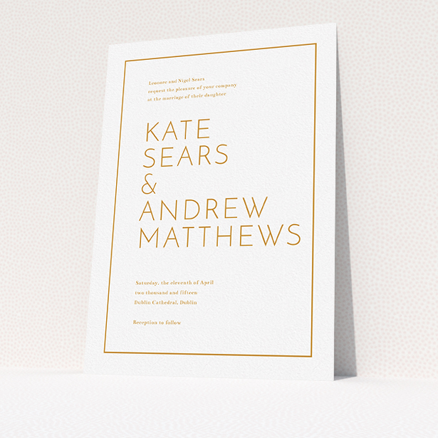 A personalised wedding invitation design titled "Simple lines". It is an A5 invite in a portrait orientation. "Simple lines" is available as a flat invite, with tones of white and orange.