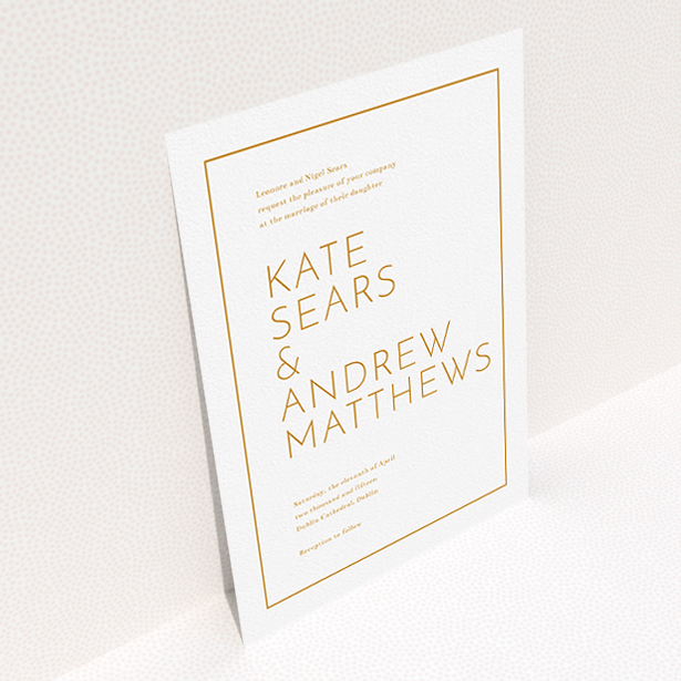 A personalised wedding invitation design titled "Simple lines". It is an A5 invite in a portrait orientation. "Simple lines" is available as a flat invite, with tones of white and orange.