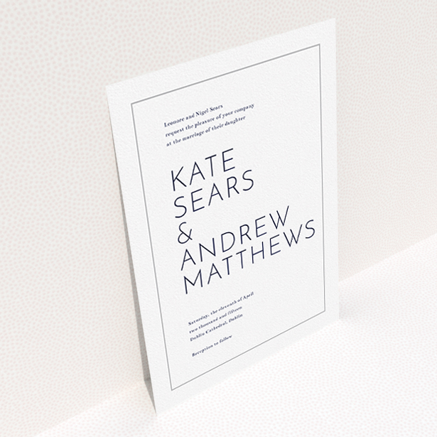 A personalised wedding invitation design called "Simple lines". It is an A5 invite in a portrait orientation. "Simple lines" is available as a flat invite, with tones of white and grey.