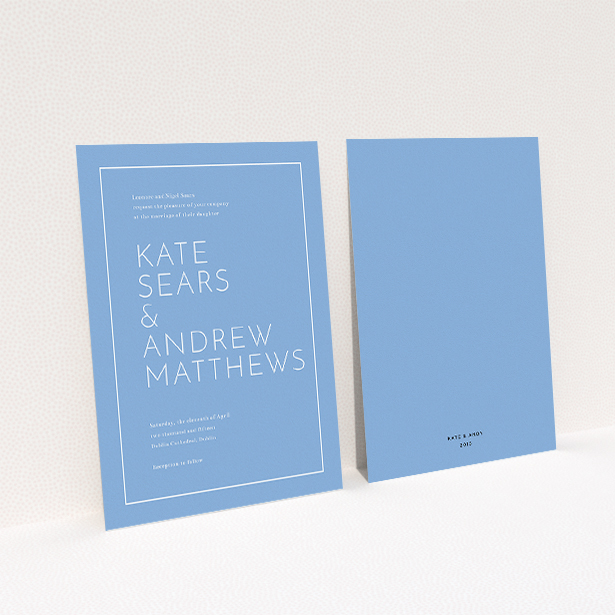 A personalised wedding invitation called "Simple lines". It is an A5 invite in a portrait orientation. "Simple lines" is available as a flat invite, with tones of blue and white.