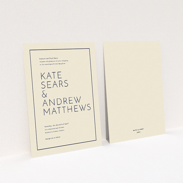 A personalised wedding invitation named "Simple lines". It is an A5 invite in a portrait orientation. "Simple lines" is available as a flat invite, with tones of cream and navy blue.