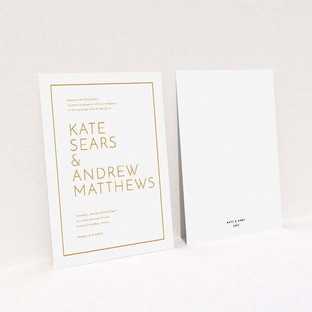 A personalised wedding invitation design titled "Simple lines". It is an A5 invite in a portrait orientation. "Simple lines" is available as a flat invite, with tones of white and orange.