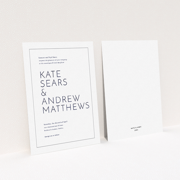 A personalised wedding invitation design called "Simple lines". It is an A5 invite in a portrait orientation. "Simple lines" is available as a flat invite, with tones of white and grey.