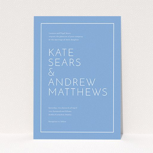 A personalised wedding invitation named "Simple lines". It is an A6 invite in a portrait orientation. "Simple lines" is available as a flat invite, with tones of blue and white.