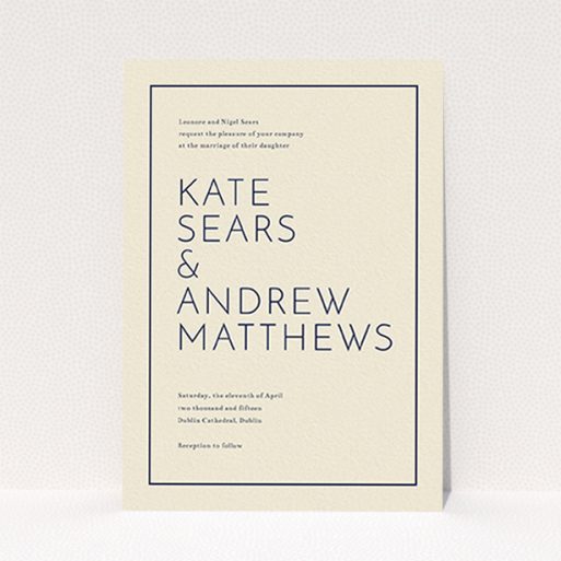 A personalised wedding invitation design titled "Simple lines". It is an A6 invite in a portrait orientation. "Simple lines" is available as a flat invite, with tones of cream and navy blue.