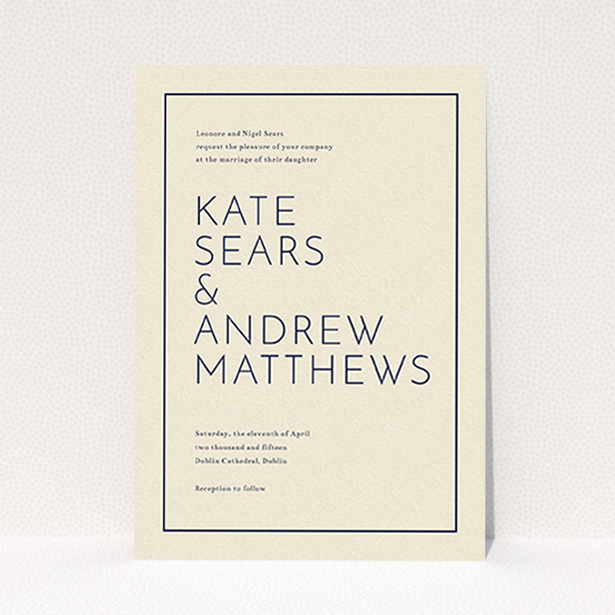 A personalised wedding invitation design titled "Simple lines". It is an A6 invite in a portrait orientation. "Simple lines" is available as a flat invite, with tones of cream and navy blue.
