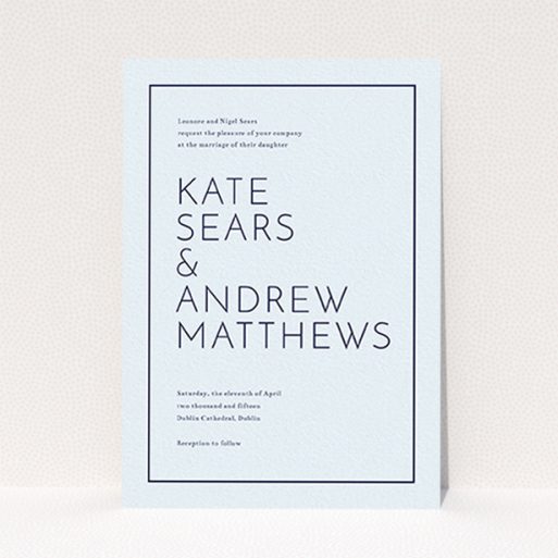 A personalised wedding invitation called "Simple lines". It is an A6 invite in a portrait orientation. "Simple lines" is available as a flat invite, with mainly light blue colouring.