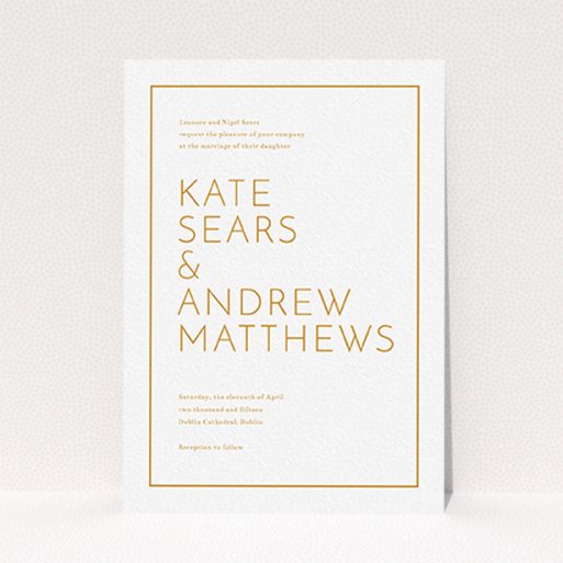 A personalised wedding invitation design called "Simple lines". It is an A6 invite in a portrait orientation. "Simple lines" is available as a flat invite, with tones of white and orange.