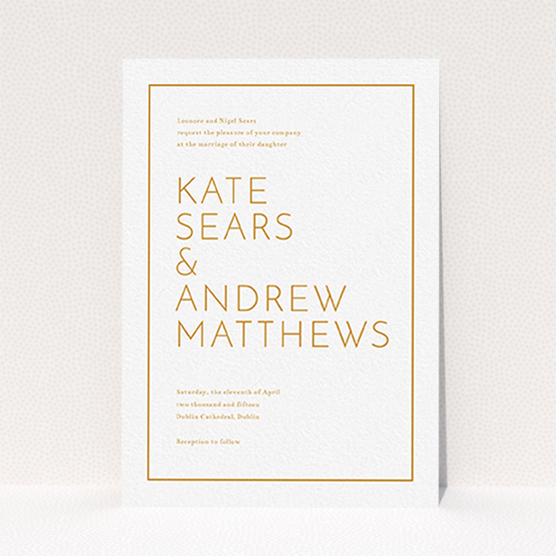 A personalised wedding invitation design called "Simple lines". It is an A6 invite in a portrait orientation. "Simple lines" is available as a flat invite, with tones of white and orange.