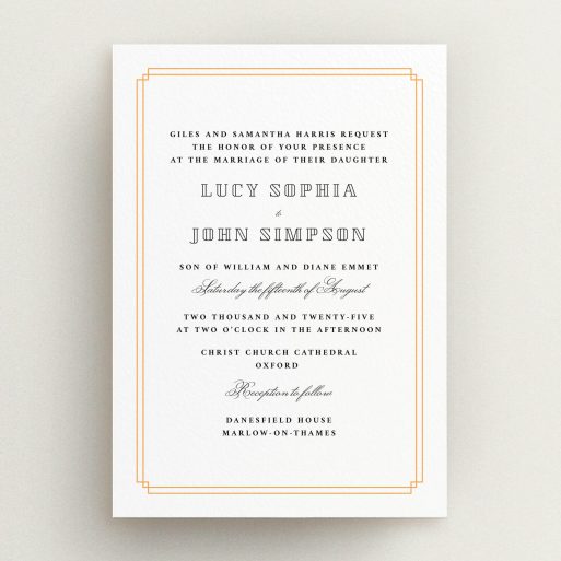 A personalised wedding invitation template titled "Simplistic Notch Frame". It is an A5 invite in a portrait orientation. "Simplistic Notch Frame" is available as a flat invite, with tones of orange and white.